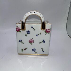 White Ceramic Floral Handbag Trinket Box with Gold Trim by Nantucket